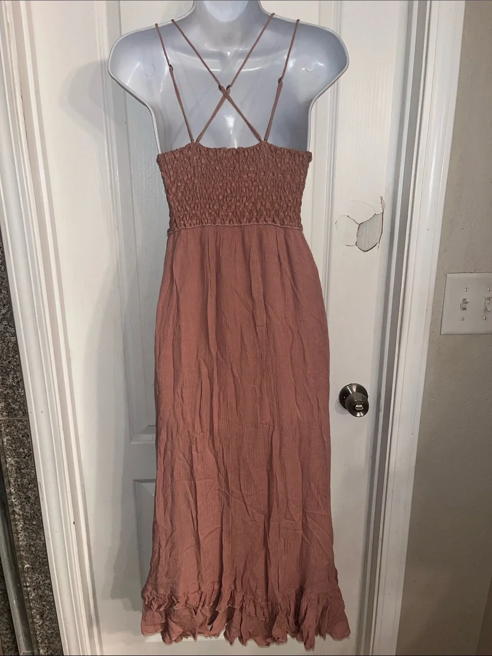 Free People Adella Maxi Slip Dress in a dusty rose color, featuring a crocheted